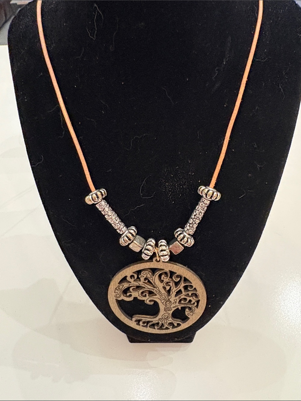 Tree of Life Pendant Necklace - Wood with Silver Toned Bead Work